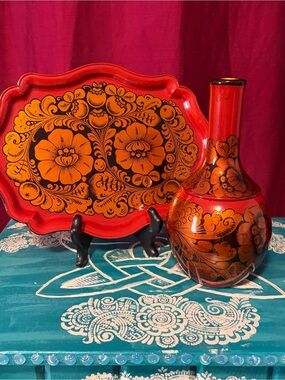 Vintage Soviet Khokhloma Wooden Vase and Tray Set